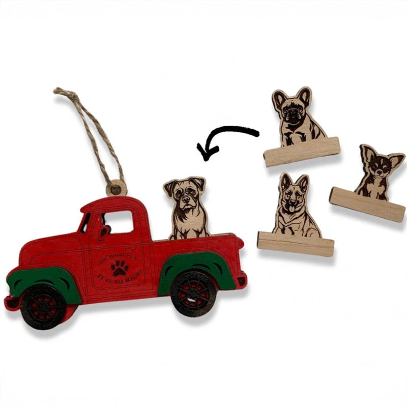 Christmas truck ornaments, dog pattern, Christmas decorations, removable, memorial decorations